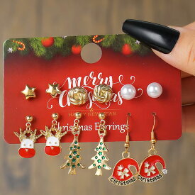 クリスマスイベントピアス 6ペアセット販売 星 スター 毛糸 真珠 パール トナカイ クリスマスツリー 帽子 リボン ぼうし 冬 12月 面白い 可愛い 金色 ゴールドメッキ チャーム メンズ レディース20G 20ゲージ