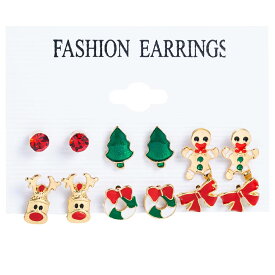 クリスマスイベントピアス 6ペアセット販売 赤色 ジュエル レッドストーン トナカイ 鹿 しか リボン リース 人型クッキー クリスマスツリー キャッチピアス スタッドピアス 冬 12月 面白い 可愛い 金色 ゴールドメッキ チャーム メンズ レディース20G 20ゲージ