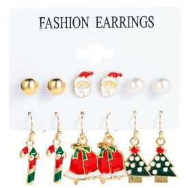 クリスマスイベントピアス 6ペアセット販売 ゴールドボール 玉 球体 丸い サンタクロース 真珠 パール ベル 鐘 ステッキキャンディー クリスマスツリー キャッチピアス スタッドピアス フックピアス 冬 12月 面白い 可愛いチャーム メンズ レディース20G 20ゲージ