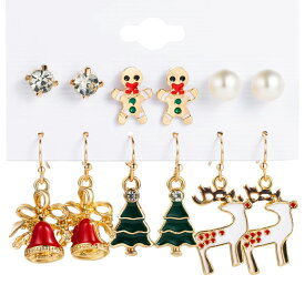 クリスマスイベントピアス 6ペアセット販売 クリスタル ストーン ジュエル 人型クッキー トナカイ 真珠 パール ベル 鐘 鈴 ジングルベル クリスマスツリー キャッチピアス スタッドピアス フックピアス 冬 12月 面白い 可愛いチャーム メンズ レディース20G 20ゲージ