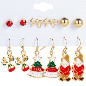 クリスマスイベントピアス 6ペアセット販売 赤色ジュエル レッドストーン リボン 金色ボール ゴールド 丸い 球体 トナカイ クリスマスツリー 妖精 エルフフックピアス キャッチピアス スタッドピアス 冬 12月 面白い 可愛い チャーム メンズ レディース20G 20ゲージ
