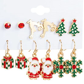 クリスマスイベントピアス 6ペアセット販売 赤色ジュエル レッドストーン サンタクロース 雪の結晶 トナカイ クリスマスツリー ギフトボックス プレゼントの箱 フックピアス キャッチピアス スタッドピアス 冬 12月 面白い 可愛い チャーム メンズ レディース20G 20ゲージ