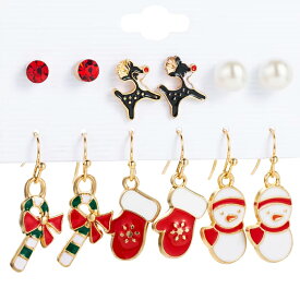 クリスマスイベントピアス 6ペアセット販売 赤色ジュエル レッドストーン 真珠 パール トナカイユキダルマ 雪だるま スノーマン 手袋 てぶくろ ステッキキャンディー フックピアス キャッチピアス スタッドピアス 冬 12月 面白い 可愛い チャーム メンズ レディース