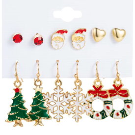 クリスマスイベントピアス 6ペアセット販売 赤色ジュエル レッドストーン サンタクロース ハート クリスマスツリー 雪の結晶 スノークリスタル リース リボン フックピアス キャッチピアス スタッドピアス 冬 12月 面白い 可愛い チャーム メンズ レディース