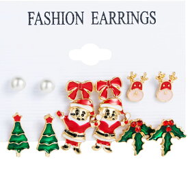クリスマスイベントピアス 6ペアセット販売 真珠 パール赤いリボン トナカイ クリスマスツリー サンタクロース ヒイラギ 柊 キャッチピアス スタッドピアス 冬 12月 面白い 可愛い チャーム メンズ レディース20G 20ゲージ