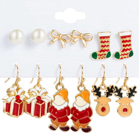 クリスマスイベントピアス 6ペアセット販売 真珠 パール リボン 靴下 ソックス くつした ギフトボックス プレゼントの箱 トナカイ 妖精 エルフ フックピアス キャッチピアス スタッドピアス 冬 12月 面白い 可愛い チャーム メンズ レディース20G 20ゲージ