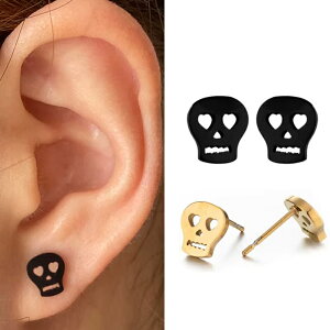 ドックロ ステンレスピアス(1ペア)両耳 ファッションピアス ドクロ 髑髏 がい骨 ガイコツ スカル 骸骨 男 女 黒色 金色 ブラック ゴールド メンズ レディース 男性 女性 20G 20ゲージ 耳 軟骨