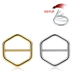 [16G サージカルステンレス316L リング型 ニップル ボディピアス ] フリップリングクリッカー（ヘキサゴン） 1個販売 ボディーピアス 16ゲージ メンズ レディース 乳首 ニップル ゴールド 金色 シルバー 銀色 ワンタッチ シンプル 胸 装着簡単 六角形
