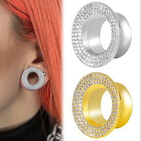 [0G 00G 12mm ステンレス ボディピアス] パベ ラッパフレア ボディーピアス 1個販売 ジュエル キラキラ 石付き ストーン クリスタル パヴェ メンズ レディース 男 女 ホールピアス ハーフインチ 0ゲージ 00ゲージ 12ミリ金色 銀色 シルバー ゴールド 耳たぶ プレゼント