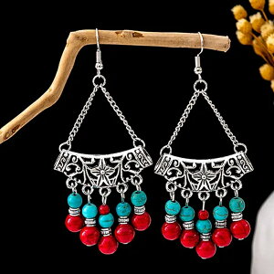 フラワーターコイズレッドストーンフックピアス/1ペア トルコ石 12月 誕生石 花 丸型 青色 赤色 ボヘミアン メンズ レディース 天然石 揺れる アンティークシルバー 銀色 真鍮 ファッション