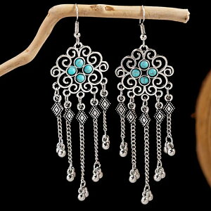 フォーポイントターコイズフックピアス/1ペア トルコ石 12月 誕生石 丸型 青色 じゃらじゃら ボールビーズ ダイヤ 4個 ボヘミアン メンズ レディース 天然石 揺れる アンティークシルバー 銀