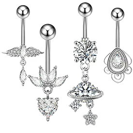 [14G キラキラ 臍ピアス] クリスタルオーナメント へそピアス 1個販売 14ゲージ ジュエル ストーン 石付き シルバー 銀色 ハート ティアードロップ 翼 惑星 スター ウイング 羽根 涙 雫 ジルコニア ヘソピアス 臍ピアス ボディピアス ステンレス ボディーピアス レディース