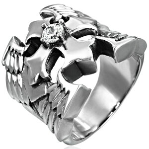 クロスウィングステンレスリング(RMT024)サイズ/21号/26号 十字架 翼 クリスタル ジルコニア 指輪 サージカルステンレス316L 低アレルギー メンズ レディース ペアリング プレゼント ギフト