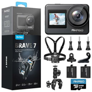 AKASO Brave7 �A�N�V�����J���� 4K �A�N�V�����J�� 64GB�J�[�h�t�� IPX8�{�@�h��10M �����J���� 6����Ԃ�␳ �`�F�X�g�X�g���b�v+�X�[�p�[�N�����v