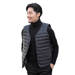 LIYURLTA ウルトラライト インナーダウンベスト メンズ ノーカラー ダウン ベスト 撥水 軽量 暖かい 防寒 薄い 秋冬 収納ポーチ付き LIY50 (XL, ブラック)