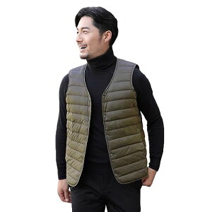 LIYURLTA ウルトラライト インナーダウンベスト メンズ ノーカラー ダウン ベスト 撥水 軽量 暖かい 防寒 薄い 秋冬 収納ポーチ付き LIY50 (XL, グリーン)