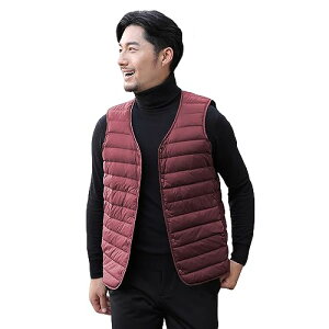 LIYURLTA ウルトラライト インナーダウンベスト メンズ ノーカラー ダウン ベスト 撥水 軽量 暖かい 防寒 薄い 秋冬 収納ポーチ付き LIY50 (XL, レッド)