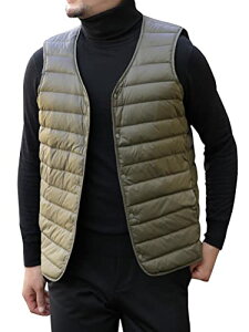 DUZTELYI ノーカラー ダウンベスト メンズ ウルトラライト インナーベスト 軽量 防寒 コンパクト収納袋付き DU520 (M, グリーン)