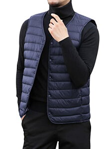 DUZTELYI ノーカラー ダウンベスト メンズ ウルトラライト インナーベスト 軽量 防寒 コンパクト収納袋付き DU520 (M, ネイビー)