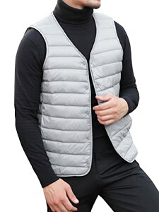 DUZTELYI ノーカラー ダウンベスト メンズ ウルトラライト インナーベスト 軽量 防寒 コンパクト収納袋付き DU520 (XL, グレー)