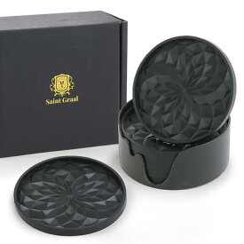 SaintGraal(セイントグレイル) コースター おしゃれ くっつかない 立体 耐熱 防水 グラス タンブラー コップ お酒 誕生日 プレゼント 父の日 ギフト 丸型 (ブラック)