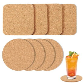 DELUXEFOX コルクコースター 木製コースター (8個入り) 丸型/四角形 直径100mm 厚さ5mm コーヒーテーブル用コルクコースター ドリンクコルクコースター 耐熱性 滑り止め性 吸水性 再利用可能 家