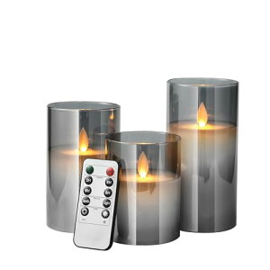 AnnTec LEDキャンドルライト 【3点セット】 led ろうそく グレー ブラック ロウソク 電池式 LEDキャンドル 専用リモコン付き 自動消灯タイマー 明るさ調整 本物の炎のようにゆらめく 暖色光 火
