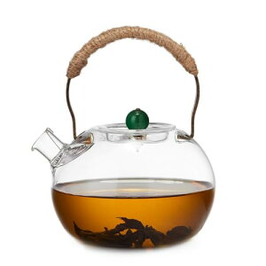 ポカロティー 耐熱ガラス ティーポット 1000ml 直火対応 煮茶壺 大玉珠デザイン 麻編みハンドル おしゃれ 和風 急須 ガラス急須 ギフト用