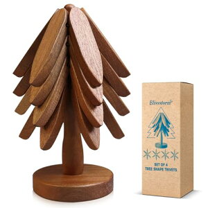 2025年木製ツリーデザイン鍋敷きセット ? クリスマスツリー型収納スタンド付き、エレガントなキッチン装飾 鍋敷き4枚 + スタンド1個