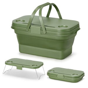 WildVentureX ピクニックバスケット かご キャンプ 収納ボックス 折り畳み式 バケツ 水洗える 手提げ 蓋付き テーブル付 折りたたみバケツ 洗濯かご 防災 ピクニック アウトドア 運動会 バーベ