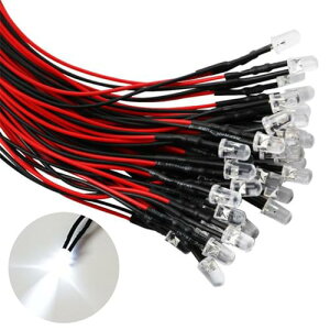 LED発光ダイオード 5mm 白 20本入り ジオラマ電飾用 ミニLEDライト 小型電球 配線付き 12V用 ホワイト DIY インジケーター照明装飾用 高輝度 鉄道模型 建物模型 広告ライト