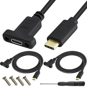 Xiatiaosann USB 3.1タイプCパネルマウントケーブル、4K 60hz 10Gbps USB Cオス-メス充電&データ延長コード、ドライバー、ネジ付き(2パック)