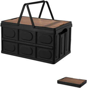KazeSo折りたたみコンテナ フタ付き 取っ手付き 収納ボックス 木製蓋付き 大容量 アウトドア テーブル キャンプ 収納ケース 屋外 屋内 家庭用 組立簡単 衣類 衣装 車載収納 引っ越し 軽量 折