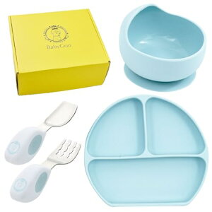 BabyGoo? ベビー食器セット プレミアム ひっくり返らない 赤ちゃん 離乳食 吸盤 すくいやすい シリコン くっつく 赤ちゃん 人気 出産祝い プレート ボウル スプーン フォーク トレーニングカ