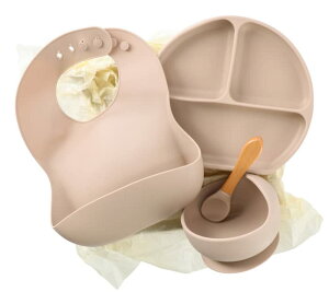 enne. シリコンプレート 吸盤付き ベビー食器 セット 赤ちゃん シリコン お食事 ひっくり返らない 離乳食 お食いそめ (Grayish beige set)