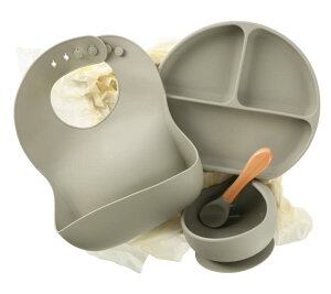 enne. シリコンプレート 吸盤付き ベビー食器 セット 赤ちゃん シリコン お食事 ひっくり返らない 離乳食 お食いそめ (Khaki set)