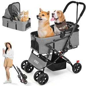 KIKII ペットカート 犬用ベビーカー 犬 猫バギー 分離型 4輪 小型犬 中型犬カート 多頭 軽量コンパクト リード2本付き 前輪360°回転 後輪ブレーキ付 レインカバー付き 介護用 折りたたみ 組み