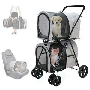 LPOTIUS ペットカート 多頭 上下2段式 分離型 ペットバギー 折りたたみ 軽量 犬用ベビーカー コンパクト収納 ペットキャリーバッグ 4輪 前輪360°回転 後輪ブレーキ付き 小型犬 中型犬 犬猫兼用