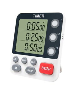 JMNキッチンタイマー マグネット付き、大型ディスプレイの3チャネルのカウントダウンタイマー、静音機能を備えた勉強タイマー、交換可能な単四形乾電池対応(電池は別売)、ストップウ