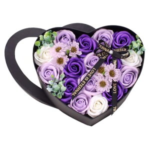 バラ ソープフラワー 造花 ギフト 人気 ハート形ボックス入り 石鹸 香り 枯れない花 フラワーアレンジメント おしゃれ バレンタインデー ホワイトデー 誕生日 母の日 プレゼント (パープ