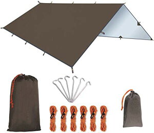 防水タープ 天幕シェード キャンプタープ テントタープ コンパクト 軽量 多機能 ロープ ペグ付き 収納ケース付き 2-6人用 3サイズ (コーヒーL(3*4M))