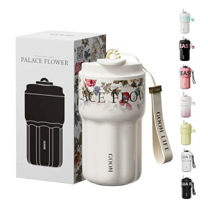GOOM タンブラー 水筒 マグボトル コーヒーカップ 316ステンレス 550ml 直飲み 真空断熱 保冷 保温 軽量 ストラップ付き ステンレスボトル マグボトル おしゃれ ビジネス(花々)