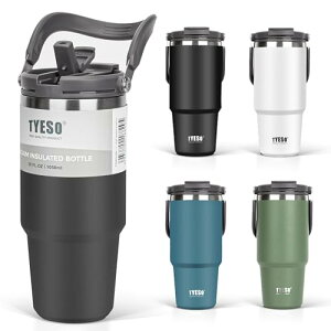 TYESO タンブラー ストロー付き 1050ml コーヒー 水筒 魔法瓶 保温保冷 取っ手付ケトル 真空断熱 二重構造 広口 大容量 直飲み 漏れない ホームオフィス アウトドア 1.05L 墨黒