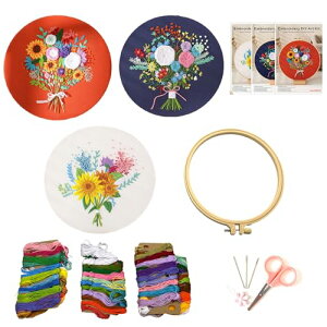 pikake bay 刺繍キット 刺繍糸 刺繍枠 刺繍針 DIY クロスステッチ 初心者 セット 花 フランス刺繍 英語説明書付き(3セット)