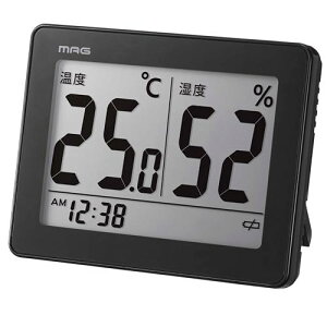 MAG(マグ) 温度計 湿度計 温湿度計 熱中症対策 大きくて見やすい デジタル ブラック スカイ 時計付き 置き掛け兼用 TH-109BK-Z