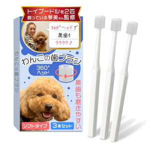 わんこの歯ブラシ(小型犬専用)【トイプー2匹の愛犬家監修x360度タイプ】3本セットx奥歯も磨けるヘッドが小さいモデル (ホワイト, 15cm)