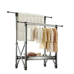 MEMETARO ハンガーラック 物干しスタンド 折りたたみ式 室内物干し 布団干し パイプハンガーラック キャスター付き 縦横伸縮 耐荷重120kg 大容量 ダブル 頑丈 室外用 梅雨 工具不要 防風 グレー