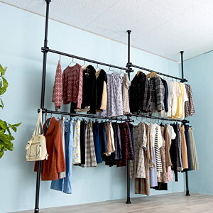 ハンガーラック 突っ張り棒 ブラック 壁面収納 洋服 衣類 収納 室内干し ハンガーポール 2連タイプ つっぱり ポールハンガー 高さ無段階調節 横幅伸縮 クローゼット