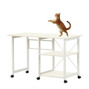 GiliMax パソコンデスク 折りたたみデスク 簡易デスク オフィスデスク 学習デスク 3段収納ラック キャスター付き 高耐久 木目調 (幅107, ホワイト)