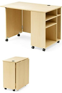サンワダイレクト 折りたたみデスク 幅100×奥行60cm 収納棚つき コンパクト デスク テレワーク キャスター付き ライトブラウン 100-DESKN010LM
